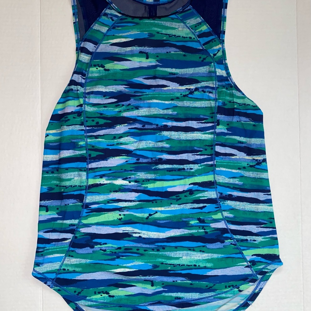 Lululemon dark blue, green patterned tank, high neck